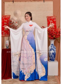 áo dài Biểu Diễn Bản Đồ Việt Nam (màu trắng)
